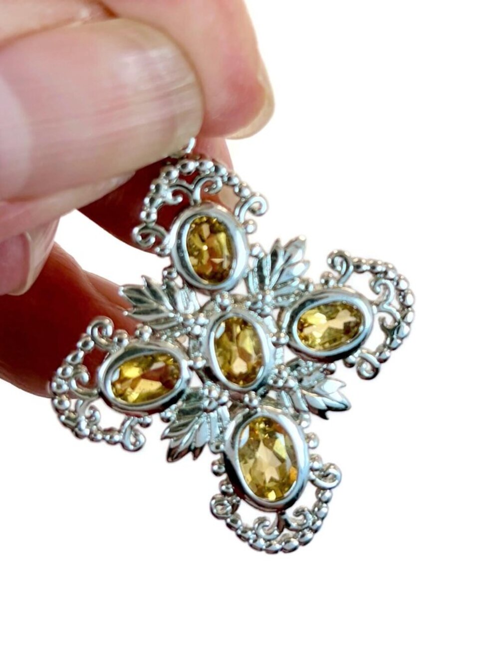 Citrine Cross, Sterling Silver, Vintage, Pendant, Necklace, Chain, Yellow Stone
